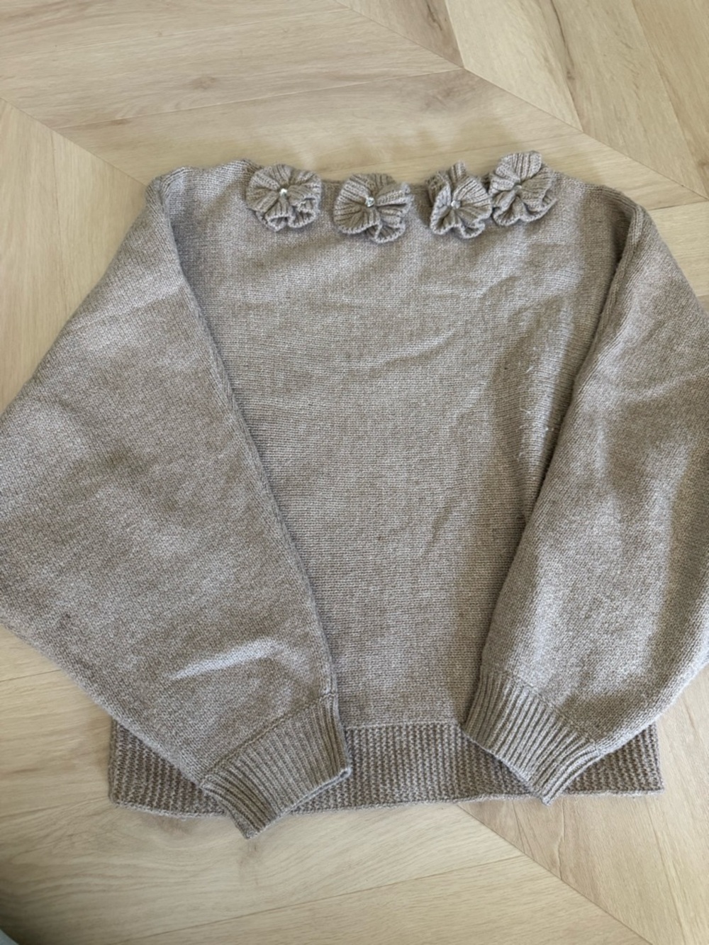SHEIN Taupe Crewneck Sweater with Flower Appliqués